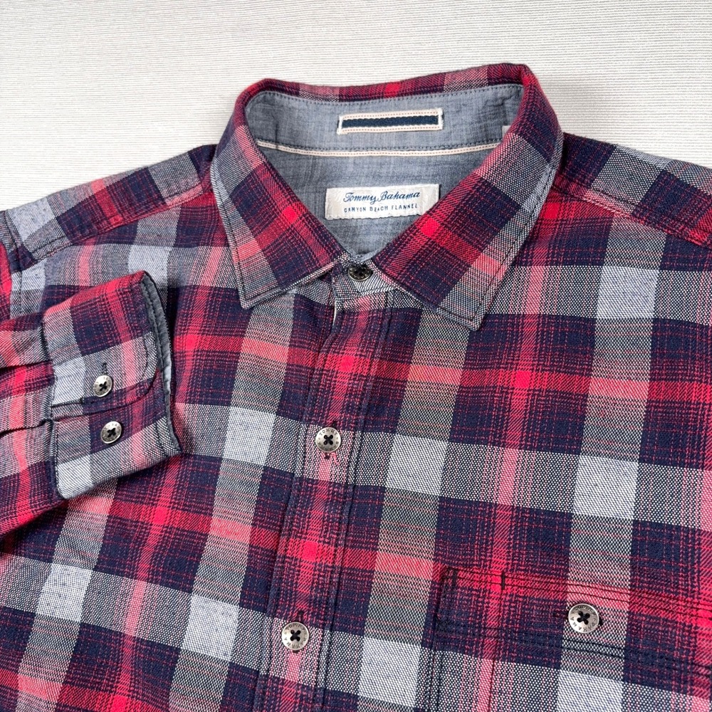 Tommy Bahama Canyon Beach Flannel Shirt Mens L Red Blue Long Sleeve